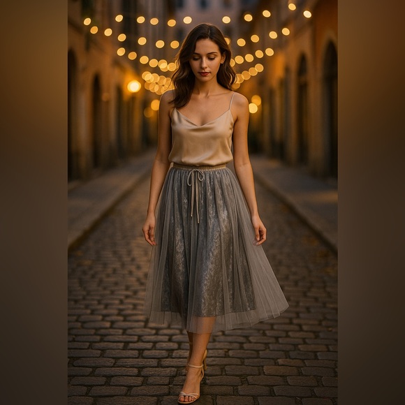 Romantic Silver Velvet Pleated Skirt Tulle Overlay Midi Versatile NWT XS S 1142A - Picture 1 of 15